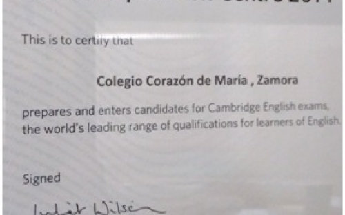 Cambridge English Language Assessment. Reconocimientos y premios del colegio Corazón de María de Zamora