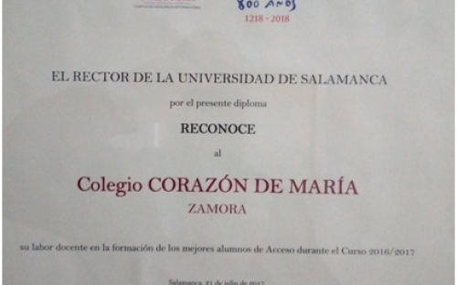Universidad de Salamanca. Reconocimientos y premios del colegio Corazón de María de Zamora