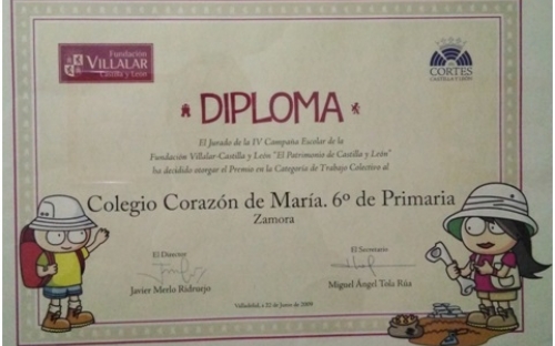Diploma fundación Villalar. Reconocimientos y premios del colegio Corazón de María de Zamora